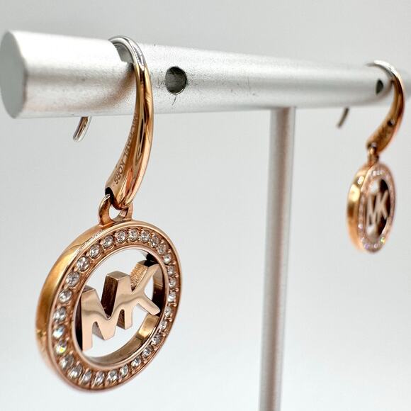 Michael Kors Rose Gold Tone Pavé Crystal MK Logo Dangle Earrings Designer Modern - Picture 4 of 14
